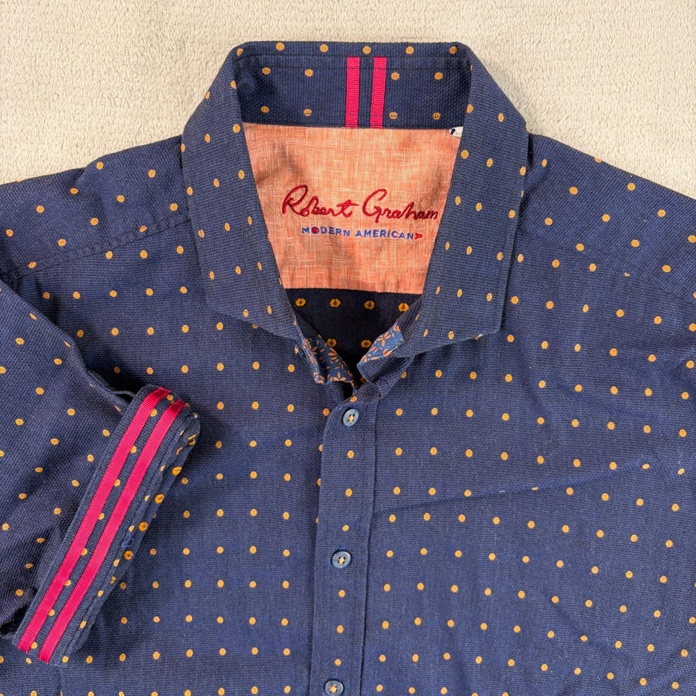 Robert Graham Modern Americana Tailored Fit Shirt in Navy Polka Dots Men Large